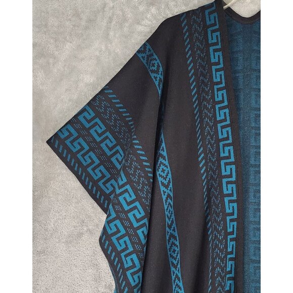 Womens Cape Coat One Size Black Blue Aztec Print Mexican Poncho Coatigan - Picture 9 of 9